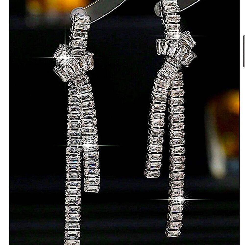 Silver Zircon Knot Dangle Earrings Anniversary Bridal Wedding